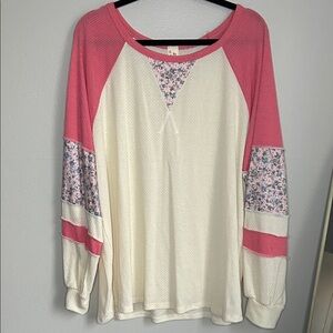 7th Ray Cream and Pink Long Sleeve Raglan Top with Floral Panels